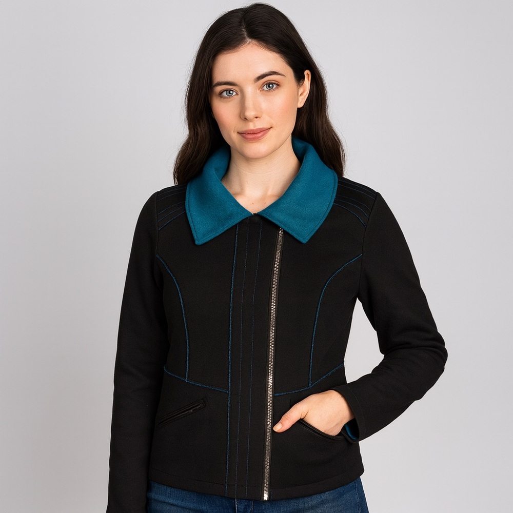 ❄️ Icelandic Design Wool Zip Jacket – Nordic Black & Teal (Women’s M)